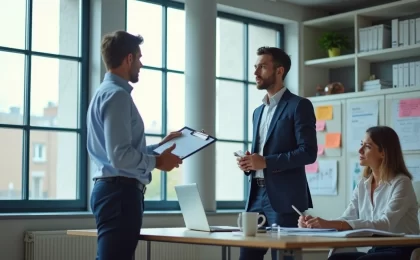 Dois profissionais em escritório moderno, um com prancheta e outro com laptop, discutindo gestão de projetos