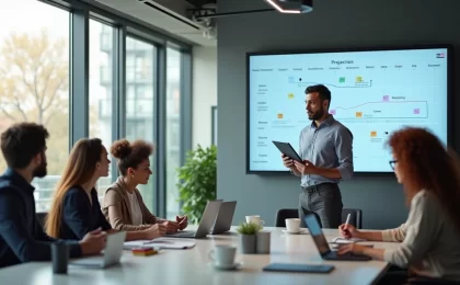 Gerente de projetos conduz reunião com equipe em ambiente de escritório moderno