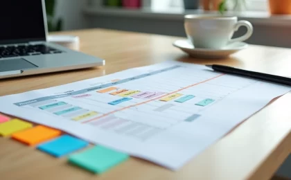 Mesa com cronograma de projeto impresso, notas adesivas coloridas e caneta sobre superfície de madeira clara