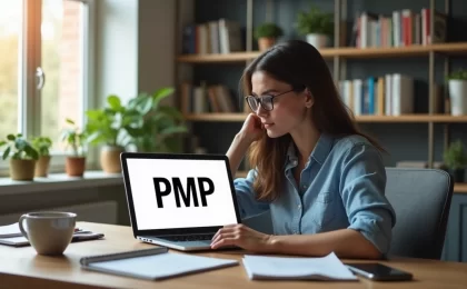 Profissional concentrado estudando com texto PMP em uma tela de computador moderno