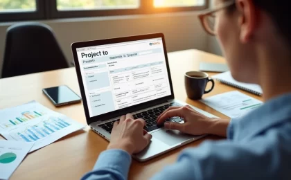 Profissional preenchendo o Termo de Abertura do Projeto em computador com anotações e gráficos ao redor